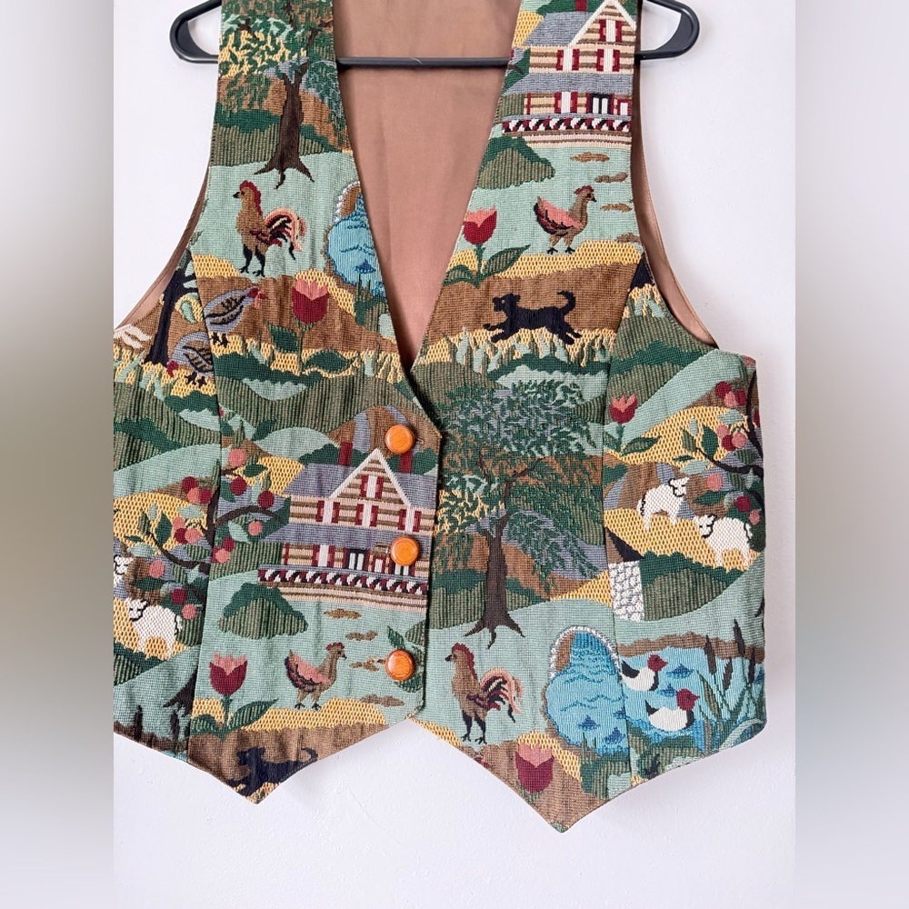VTG RARE Farm Animal Chicken Duck Multi Color Tapestry Vest Cottage Core Size L - Picture 8 of 9